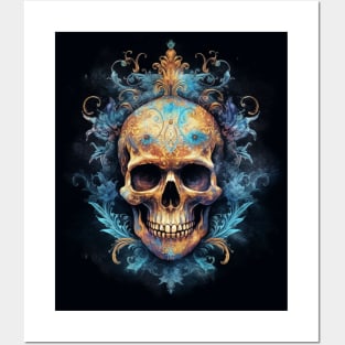 Skull on Blue Fire: Baroque Vintage Ornament Background Posters and Art